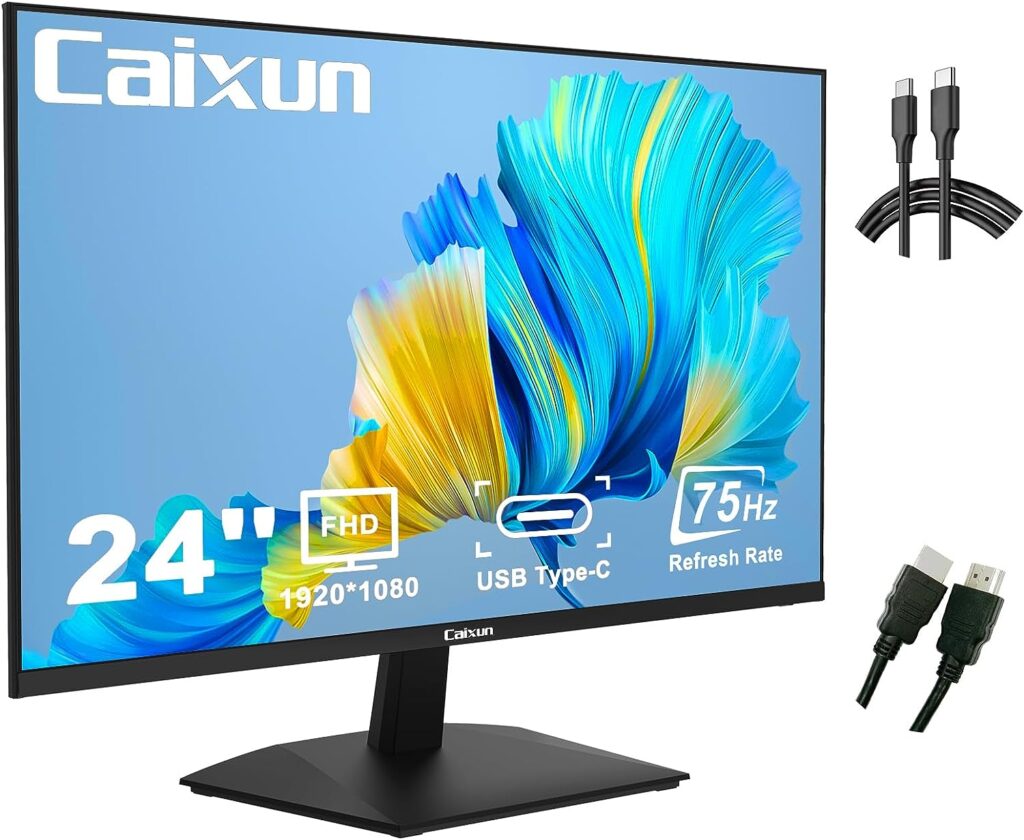 Caixun Moniteur Ecran PC，24 Pouces FHD (1920x1080),75Hz 5ms 3000:1 avec USB Type-C, Moniteur dordinateur avec Haut-parleurs intégrés, connexions HDMI+VGA (câble Type-C et câble HDMI Inclus)