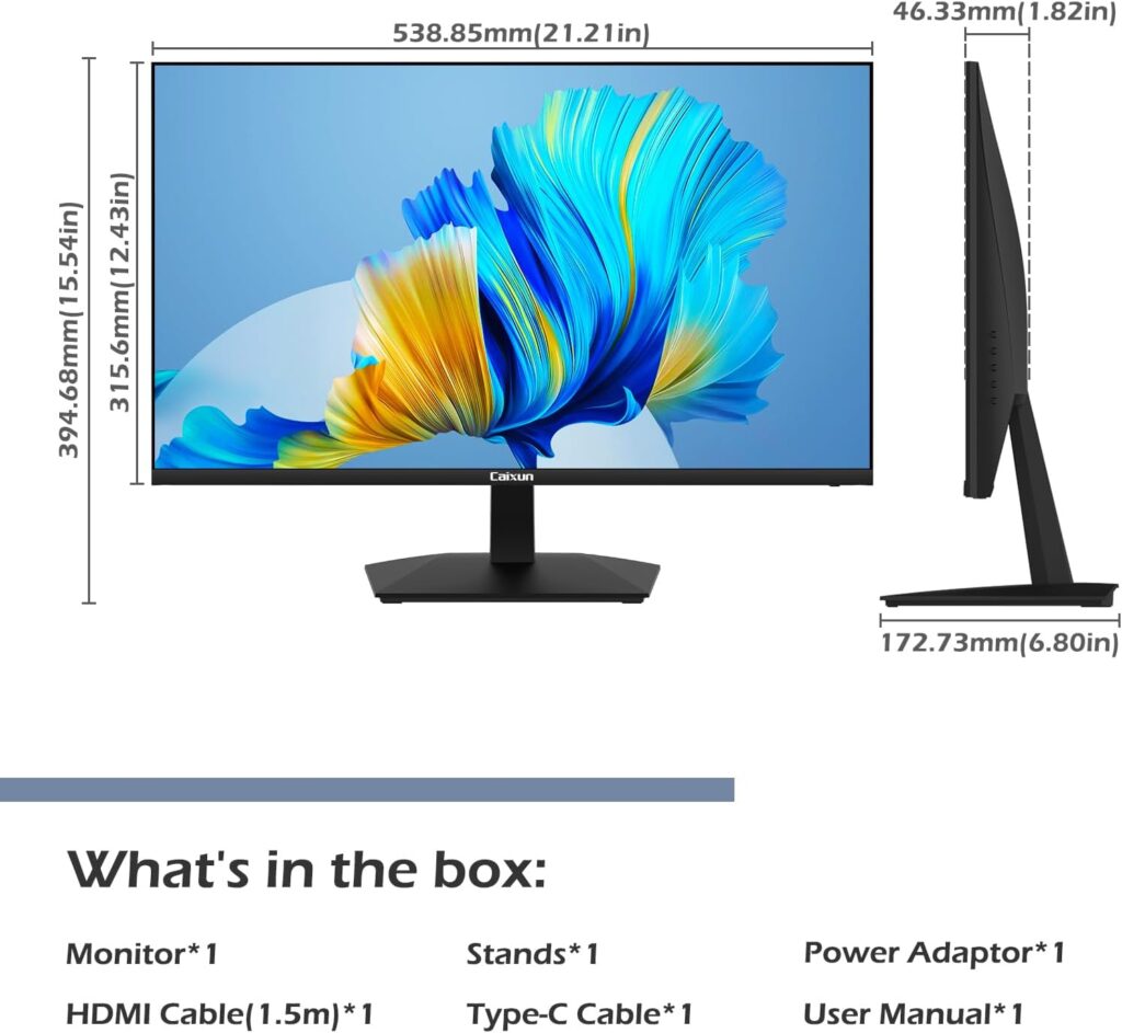 Caixun Moniteur Ecran PC，24 Pouces FHD (1920x1080),75Hz 5ms 3000:1 avec USB Type-C, Moniteur dordinateur avec Haut-parleurs intégrés, connexions HDMI+VGA (câble Type-C et câble HDMI Inclus)