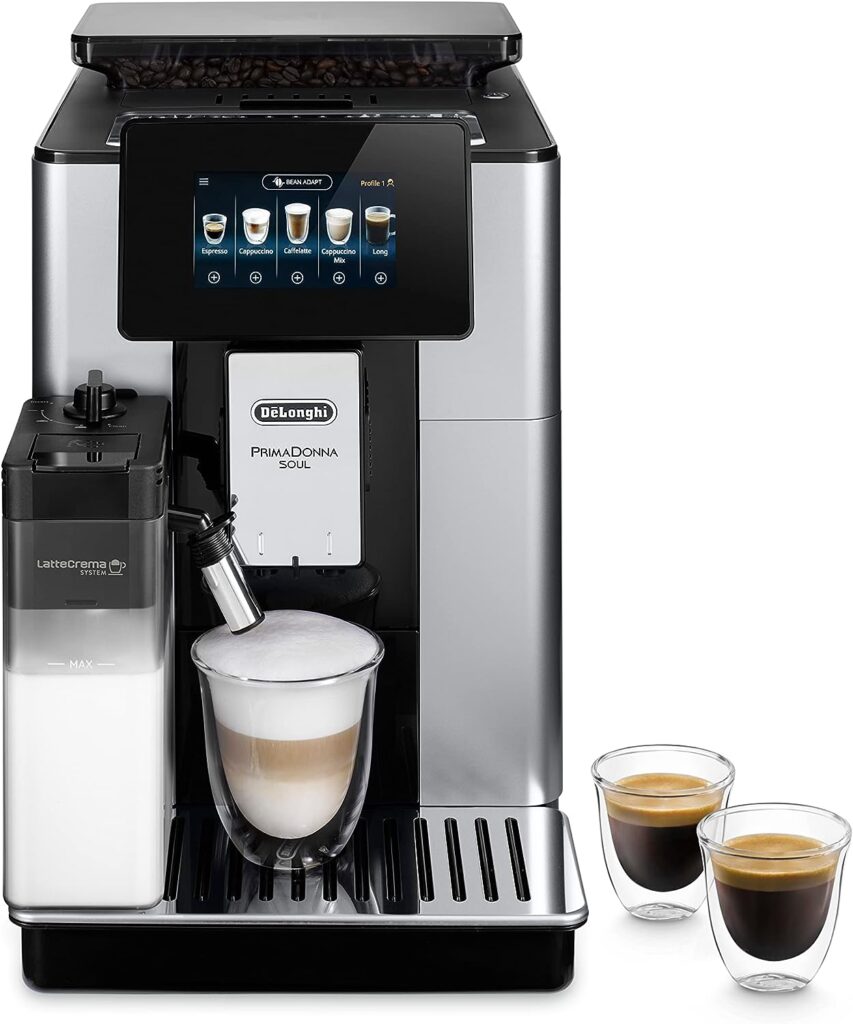 DeLonghi PrimaDonna Soul Machine a Café Grain ECAM612.55.SB, Machine Expresso et Cappucino, Technologie Exclusive Bean Adapt, Argent et Noir