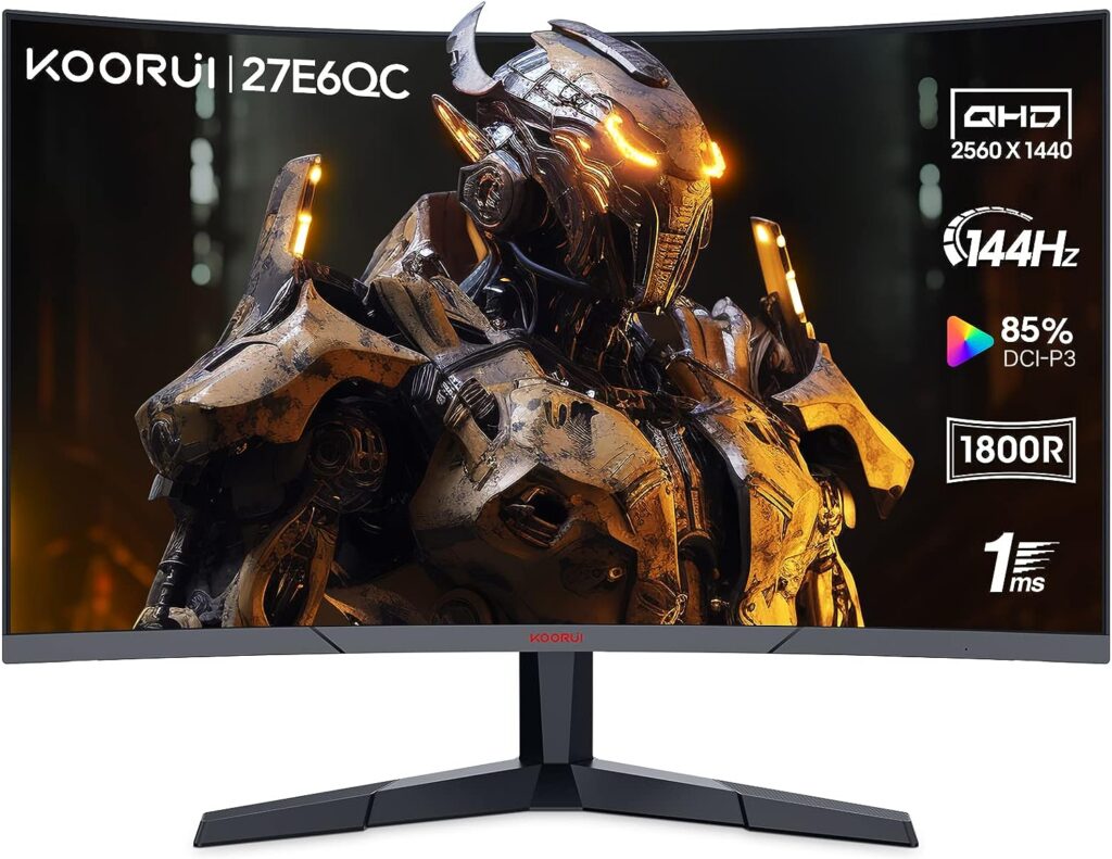 KOORUI 27 Ecran PC Gaming Incurvé 1800R, Moniteur PC Dalle VA, Résolution WQHD (2560X1440), 144HZ,1MS, DCI-P3 85%, Lunette Ultra-Mince, Inclinaison réglable, Prend en Charge HDMI/DP
